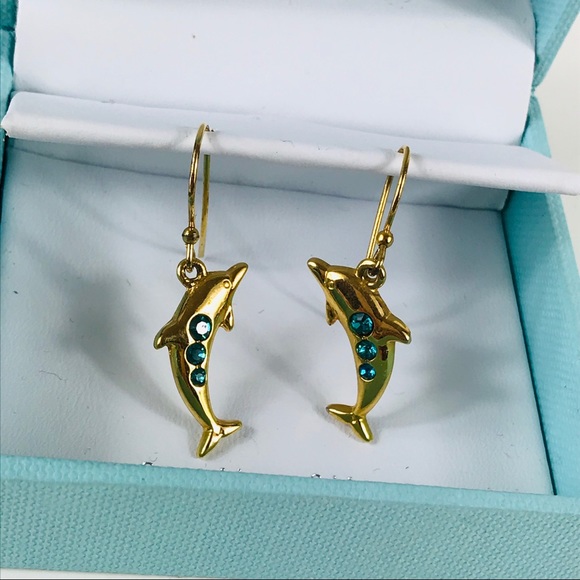 Gold Toned Dolphin Blue Stone Dangle Earrings - Picture 8 of 10